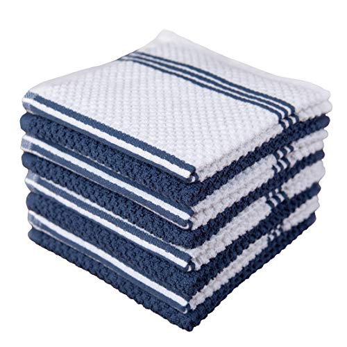 Sticky Toffee Cotton Terry Kitchen Dishcloth, 8 Pack, 12 in x 12 in, Dark Blue Stripe