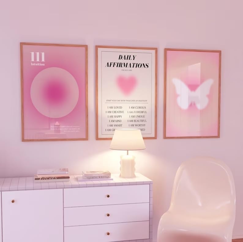 HesenDot 3 Piece Unframed Pink Wall Art Posters,30x40cm Gradient Aura Canvas Print,Daily Affirmation Home Decor,Lovely Aesthetic Butterfly Printing for Bathroom Living Room Bedroom Girl Apartment - Image 3