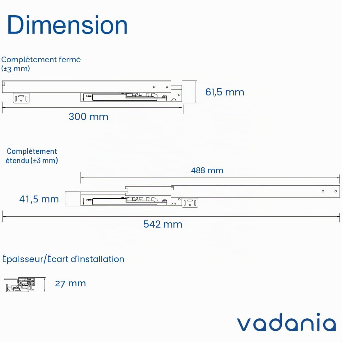VADANIA Glissière de tiroir sous plan de 300 mm, fermeture en douceur, montage et support par le bas, capacité de charge de 40 kg, extension complète à 3 volets, 1 paire