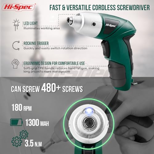 Image of Hi-Spec Cordless Electric Screwdriver, Power Screw Driver Set with Pink Compact Tool Kit for Small Repair and Maintenance- Ideal Housewarming Gift,19 Piece (Green)