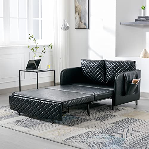 Antetek Sleeper Sofa Bed, 46-Inch Faux Leather Loveseat Sleeper Sofa Couch With Pull-Out Bed, Small Love Seat Sofa Single Bed With A Detachable Side Pocket For Living Room, Office, Black #TOP7