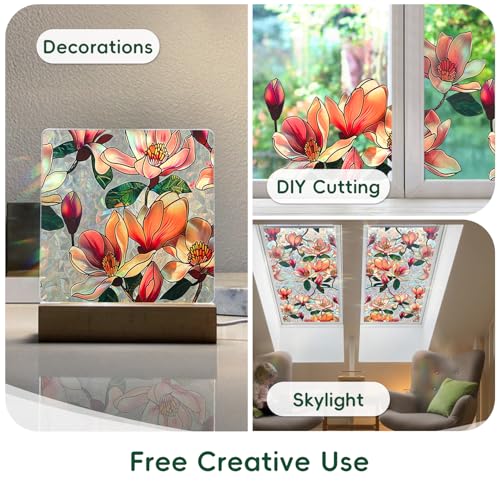 DUOFIRE Window Privacy Film Decorative Stained Glass Window Film Rainbow Magnolia Floral Static Cling Non-Adhesive Reusable Anti UV Colorful Window Decal for Home 16.92×39.37 inch - Thumbnail 6