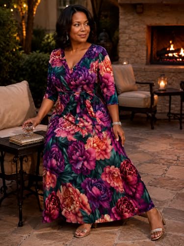 Image of SUZONANA Plus Size Dresses for Women Floral Print Maxi Dress Flowy 3 /4 Sleeve with Belt