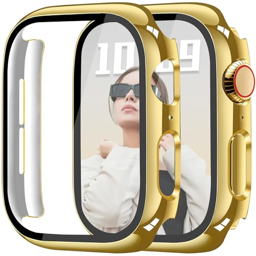 JR.DM 40mm 2 Pack Hard PC Case with HD Tempered Glass Screen Protector for Apple Watch Series 6/5/4/SE/SE2/SE3, Guard Bumper Full Protective Anti-Scratch Face Cover for iWatch, Glossy Gold+Clear