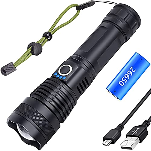 YVKVO Linterna LED Alta Potencia 10000 Lúmenes Recargable USB, XHP50.2 Linterna Tactica Policial Impermeable 5 Modos Zoomable, Linterna Potente con Batería Cable, para Camping Senderismo