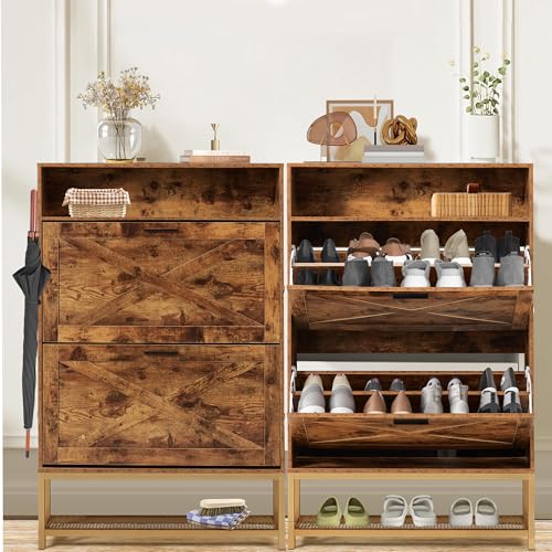HOMREST Shoe Cabinet with 2 Flip Drawers,Freestanding Shoe Cabinet Organizer with Open Storage,Shoe Storage Cabinet for Entryway,Narrow Shoe Rack Cabinet with Metal Base (2, Rural Brown)