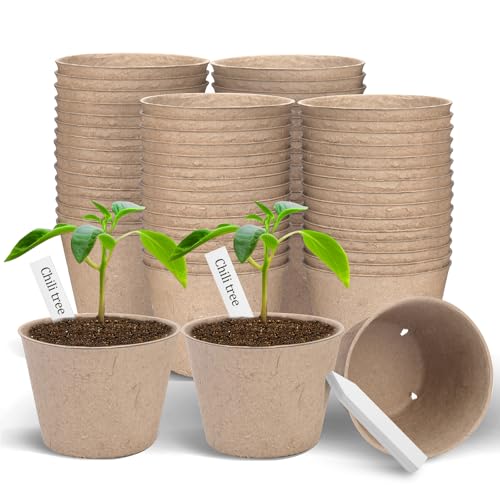 ARGCONNER Peat Pots 60 Pack Plant Starter Round Nursery Pot with Drainage Holes Garden Germination Seedling Pots with 30 Plant Labels (4 Inch)