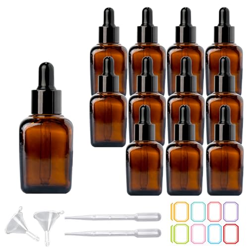 PYAWI 12Pcs 1 oz Square Glass Dropper Bottles for Essential Oils, 30ml Amber Glass Bottles with Eye Droppers,tincture bottles,Travel Bottles for Essential Oils, Liquids,Perfume (Amber -Black cap)