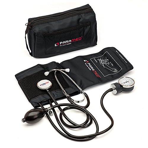 Price comparison product image Manual Blood Pressure Cuff by Paramed Professional Aneroid Sphygmomanometer with Carrying Case Adult Sized Cuff BP Monitor Set with Stethoscope (Black)