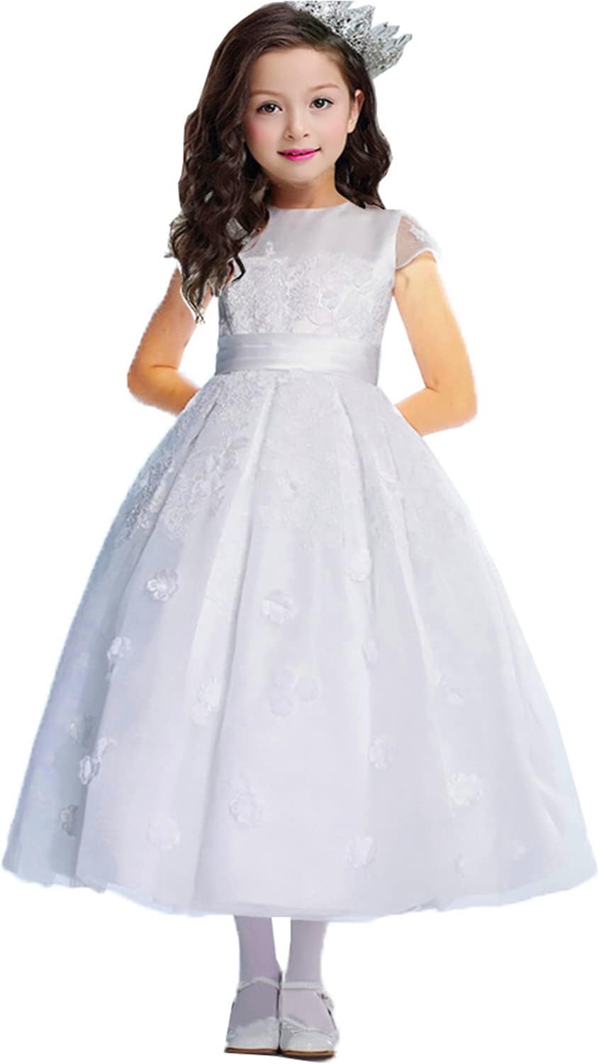 DZdressKids Appliques Pageant Wedding Flower Girl Dresses Tulle with Bow 14 White