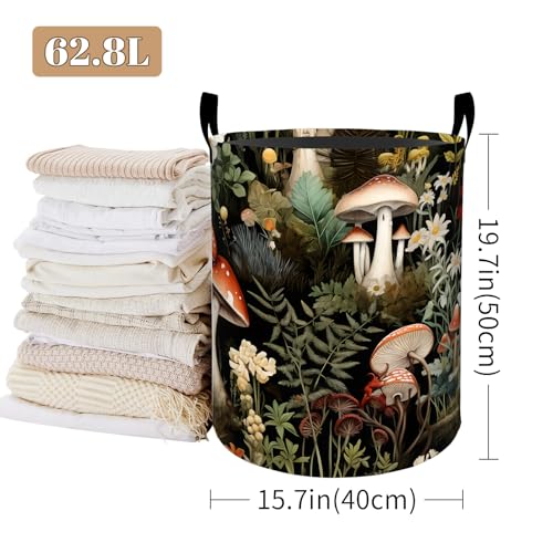 Image of Forest Mushroom Laundry Basket, Flower Design Foldable Oxford Cloth, Waterproof Dirty Clothes Hamper with Handles, Clothing Storage Bucket Toy Organizer for Bathroom Bedroom Dorm, 19.7 inchx15.7 inch