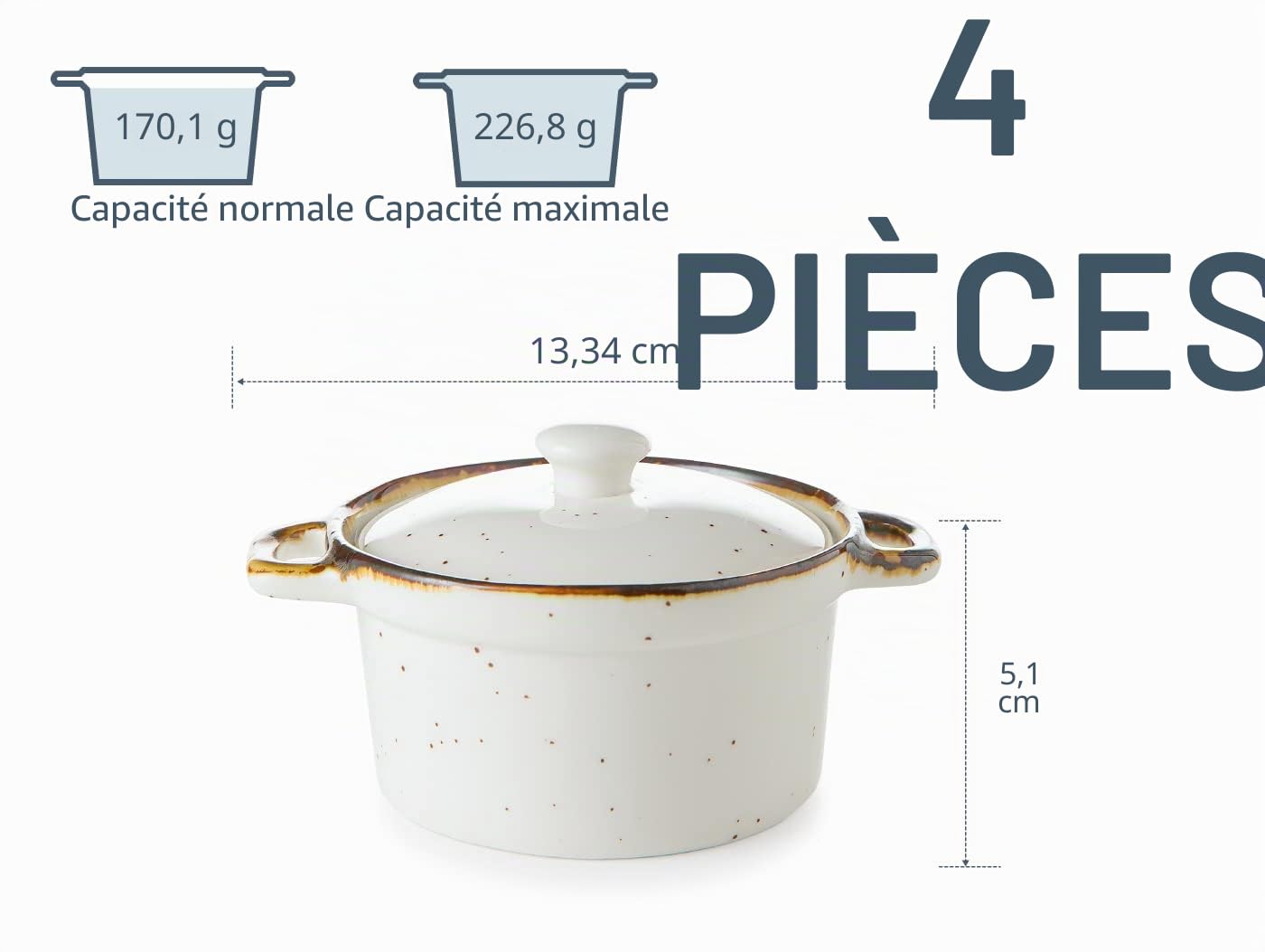 ONEMORE Lot de 4 ramequins avec couvercles, mini cocottes mouchetées avec poignées et bord marron pour soupe à l'oignon français, service individuel, blanc crème