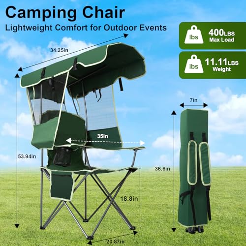 Image of Folding Canopy Beach Camping Chairs for Adult 2 Pack, Portable Outdoor Chairs with Sunshade,Cup Holder & Side Pocket for Camping, Fishing, Beach, Backyard, Green