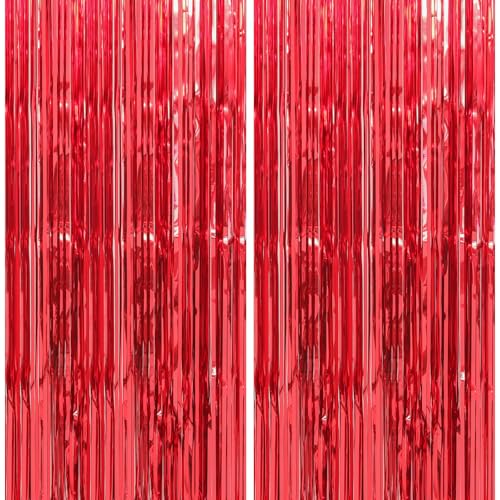 Image of Crosize 4 Pack 3.3 x 9.9 ft Red Foil Fringe Curtains Party Decorations, Bachelorette Valentines Day Party Decorations, Tinsel Curtain Backdrop for Parties, Door Streamer for Birthday Decoration