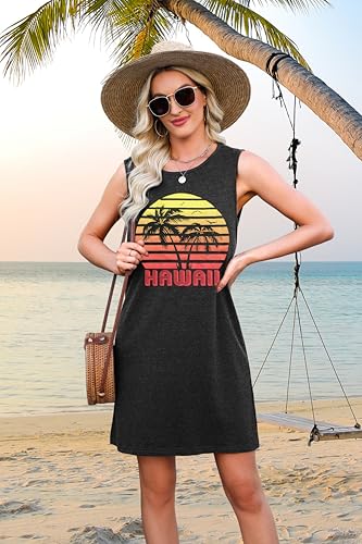 Image of MYHALF Summer Tank Dress for Women Sleeveless Beach Vacation Sundress Short Coconut Tree Sun Dress Casual Coverup