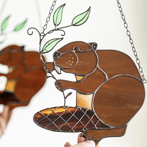 Beaver Home Decor Wall Window Hanging Panel. Nature Lover Gift Idea. Real Stained Glass Sun Catcher. Animal Inspired Decor. Indoor Outdoor Decor. Glass Art. Nature Inspired House Decor.