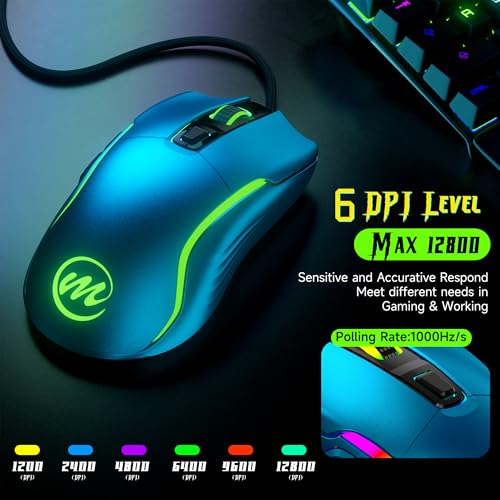 Image of memzuoix Wired Gaming Mouse with RGB - 6 Adjustable DPI up to 12800, 6 Buttons, 12 Lighting Modes, Ergonomic Design with Anti-Slip Rubber Wheel, 5.6ft Braided Cable for PC /Mac /Windows - Blue