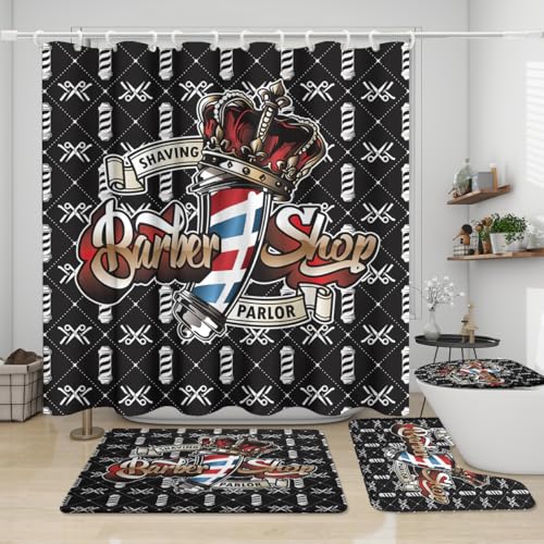 KuracleGH Modern Salon Barber Shop Shower Curtain Sets 4 Pcs,Abstract