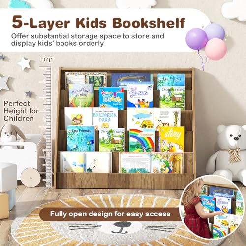 Image of HONEY JOY Kids Bookshelf, 5-Tier Wooden Toddler Bookcase, Children Book Rack & Magazine Display Shelf, Toy Storage Organizer, Book Shelf for Kids Rooms, Playroom, Nursery, Classroom (Natural)