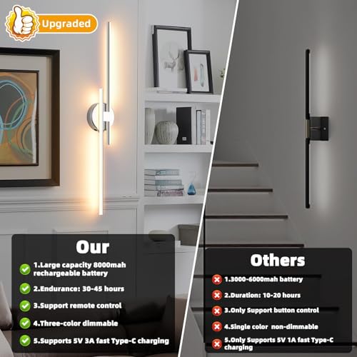 Image of Wireless Battery Operated Wall Sconces with Remote, USB Rechargeable Led Wall Lights, 3000K-6000K Wireless wall sconces for Bedroom, Hallway, Living Room, Chrome 31.4 inch Wall Light Set of Two