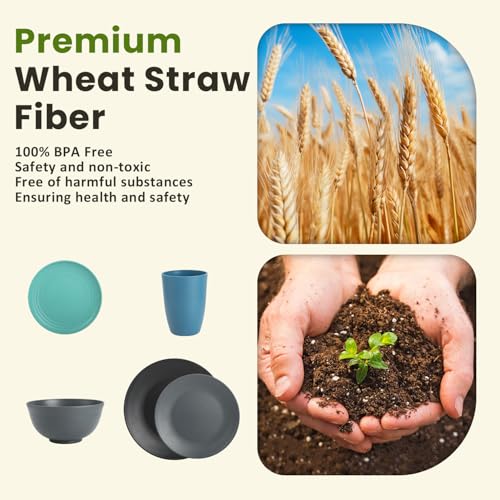 Image of Homienly 40 PCS Premium Wheat Straw Dinnerware Sets, Reusable Unbreakable Plates and Bowls Set, Cups Sets, Service for 8, Microwave and Dishwasher Safe Dishes Set for Party, Outdoor (Nightscape)