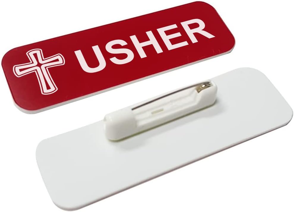Usher 1 x 3 Name Tag/Badge, Red, Cross Design (10 Pack)