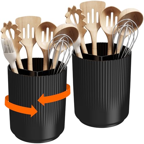 Lifewit Support à Ustensiles pour Rangement de Cuisine, Caddy à Couverts avec Base Rotative Antidérapante, Grand Organisateur de 3 Compartiments en Plastique pour Cuillères et Spatules avec Drainage