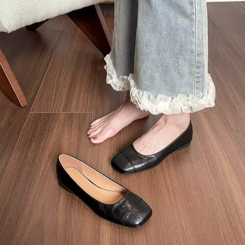 ChaiRong Zhou Women Square Toe Pu Leather Flats Slip on Casual Dress Office Driving Shoes3