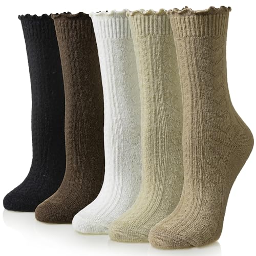 Eyean Womens Merino Wool Ruffle Socks Knit Warm Boot Winter Cozy Thermal Hiking Dress Crew Frilly Socks 5 Pairs