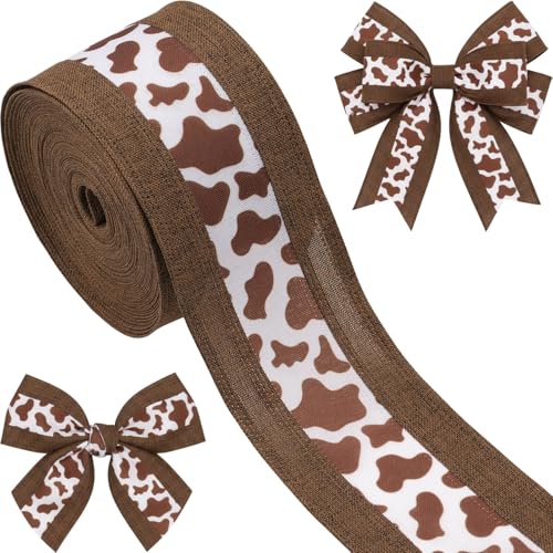 Kutyndrix Cow Print Ribbon with Wired Edge 2.5 Inch x 10 Yards Western Farmhouse Ribbon for Wreath Making Bows DIY Crafts Party Decorations (Brown)