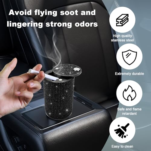 Image of Car Cigarette Ashtray with Lid, Stainless Steel Bling Crystal Diamond Smokeless Fireproof Vehicle Ashtray Holder, Portable Sparkling Ashtray Cup Holder for Car Home Office (Black)