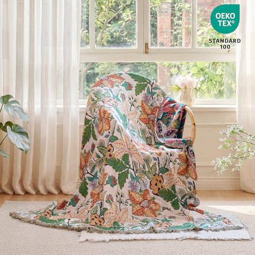 Image of MSGKV Boho Throw Blanket 60 inchx80 inch Fall Cotton Floral Blanket for Twin