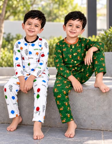 Image of 3BROS Kids Pure Cotton Night Suit Set | Boys Girls Printed Sleepwear Shirt & Pajama Clothing Combo | Soft Breathable Night Dress Outfit | Pack of 2