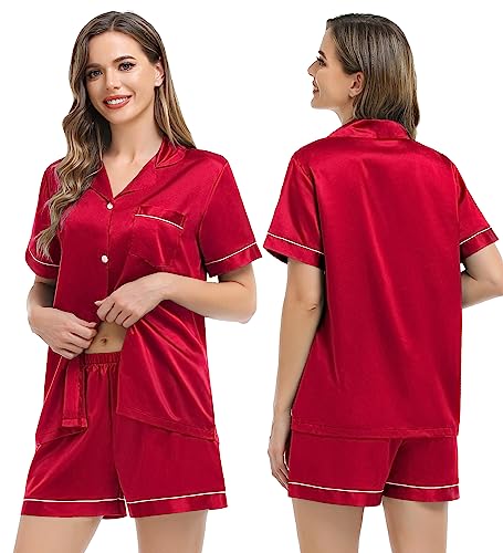 Image of SWOMOG Womens Silk Pajama Sets Short Sleeve Button Down Nightwear Sleepwear 2 Piece Pjs Set with Pockets Black