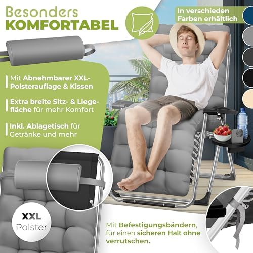 Bild 2 - KESSER® Sonnenliege Liegestuhl Klappbar & Wetterfest, Gartenstuhl Belastbar 200kg Ergonomisches Polster Extra Breit Verstellbare Rückenlehne Gartenliege inkl. Nackenkissen & Getränkehalter, Grau