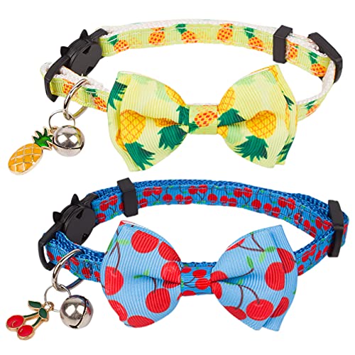 Cat Collars for Girl Boy Cats, Breakaway Cat Collar with Bow Tie Bell, 2 Pack Summer Fruit Cat Kitten Bowtie Collar (Pineapple & Cherry)