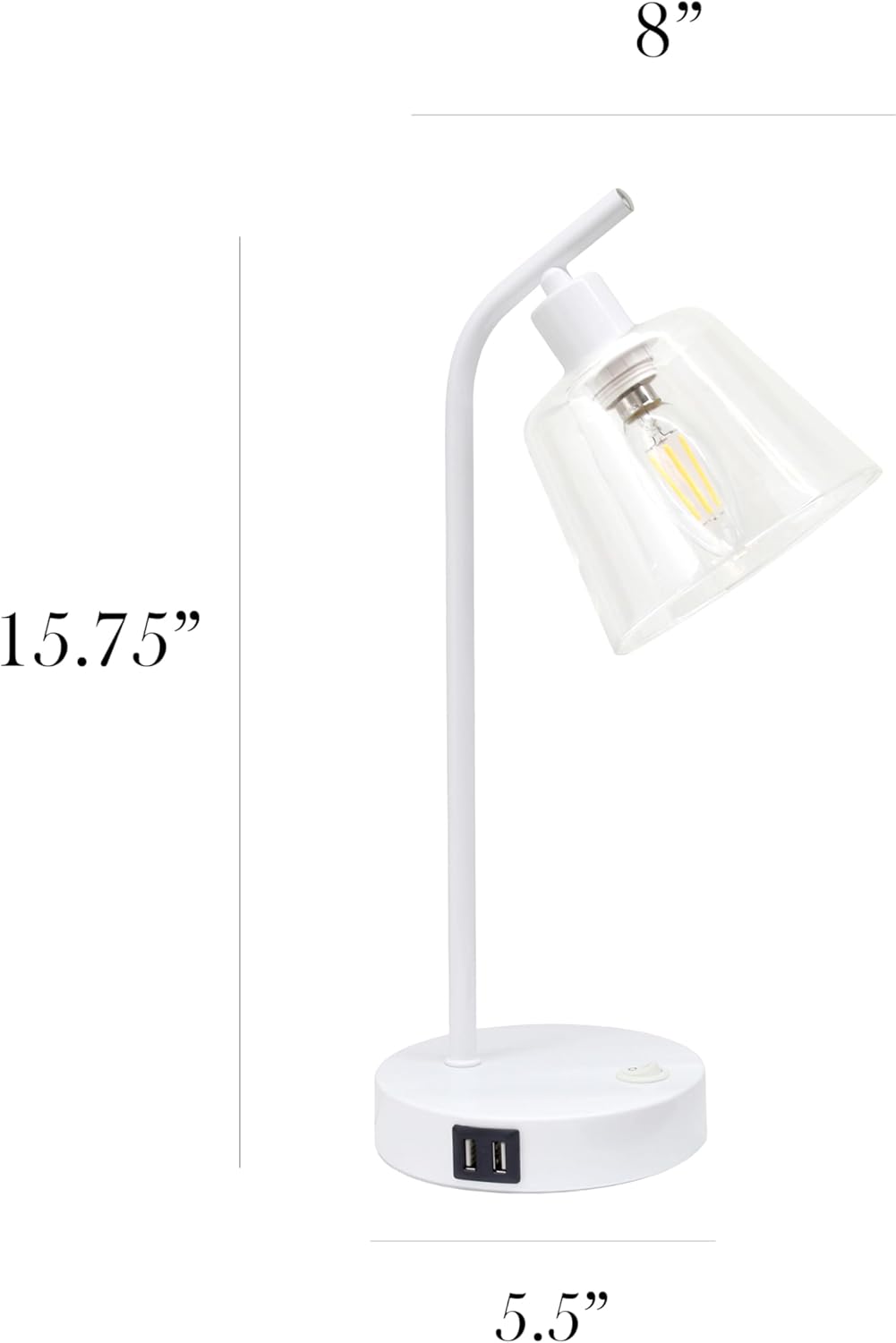 Simple Designs LD1074-WHT 15.75" Sleek Essentials Modern Industrial Metal Desk Lamp with Clear Glass Shade and Dual USB Ports, for Office, Desk, Nightstand, Dorm, White