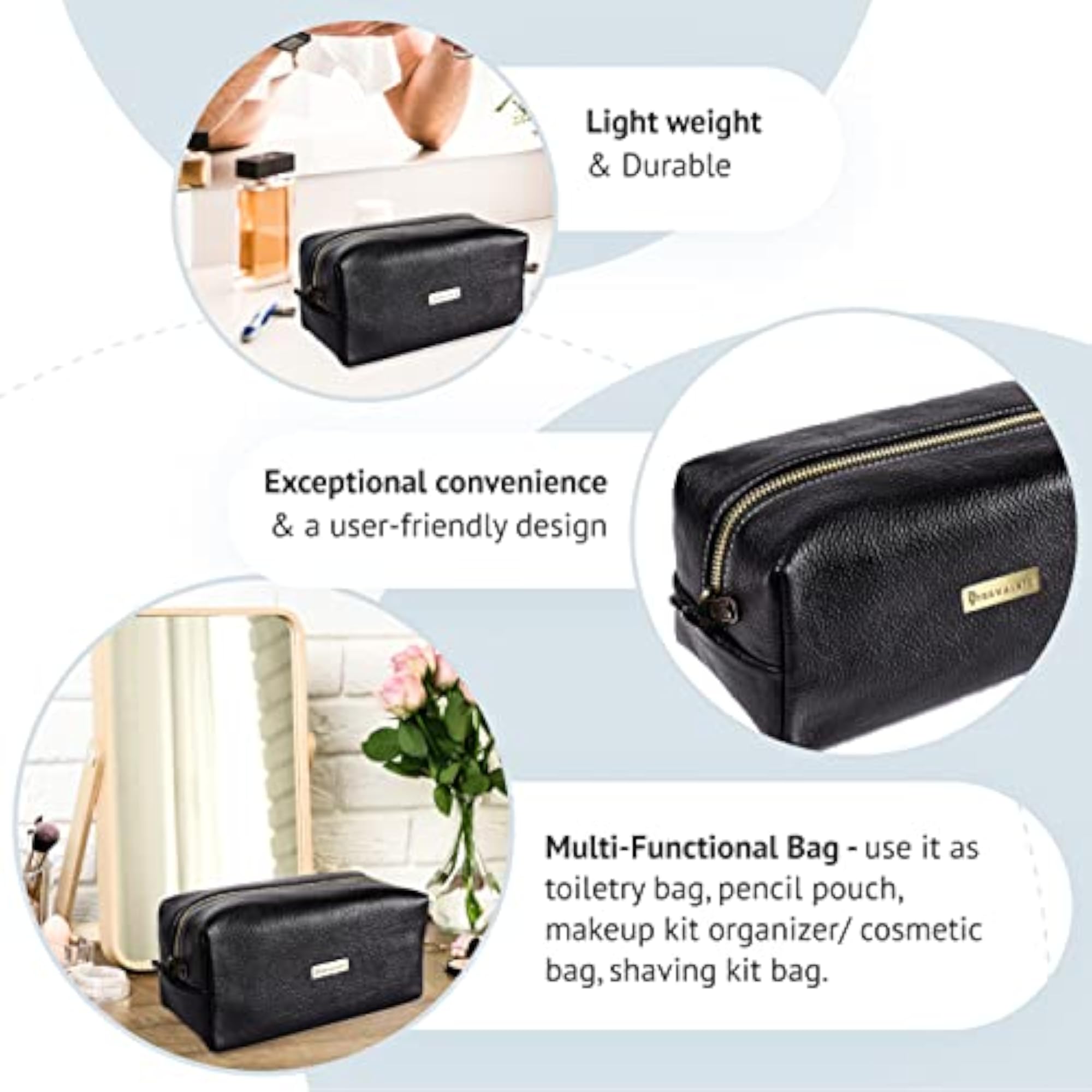 Genuine Leather Shaving Bag, Black DOP Kit