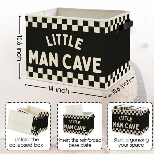 Image of Little Man Cave Boys Storage Bins Box with Handles, Black White Checkered Collapsible Basket Organizer for Kids Boys Playroom Nursery Room Bedroom Bathroom Books Clothes