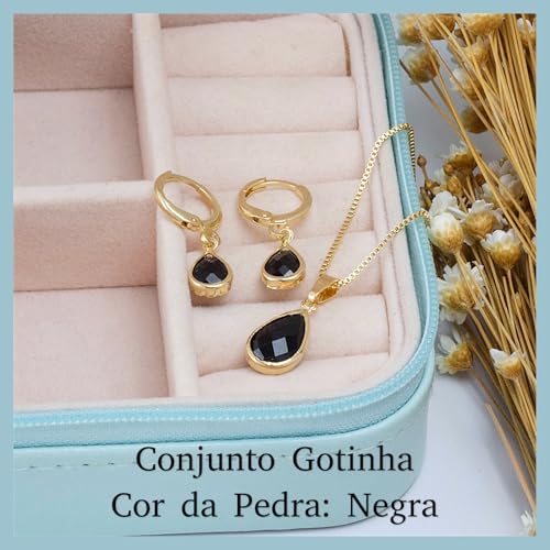 Conjunto Brinco Corrente Pingente Gota Zircônia Cor Onix Banhado ouro 18k Banho paládio Antialérgico
