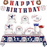Baseball Birthday Party Supplies Kit for 24 Guests Includes Tablecloth Plates Napkins Forks Cups Banner Baseball Themed Dinnerware for Sports Party Decorations(Baseball)