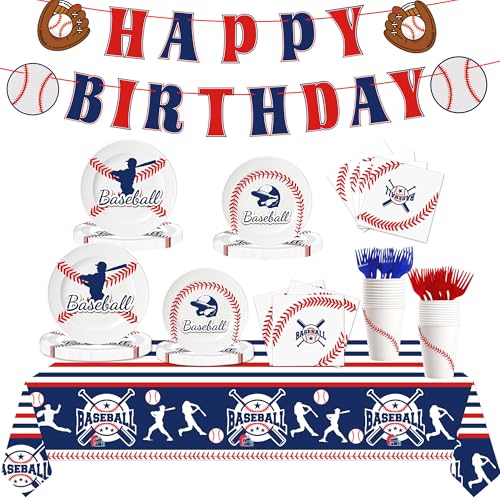 Baseball Birthday Party Supplies Kit for 24 Guests Includes Tablecloth Plates Napkins Forks Cups Banner Baseball Themed Dinnerware for Sports Party Decorations(Baseball)