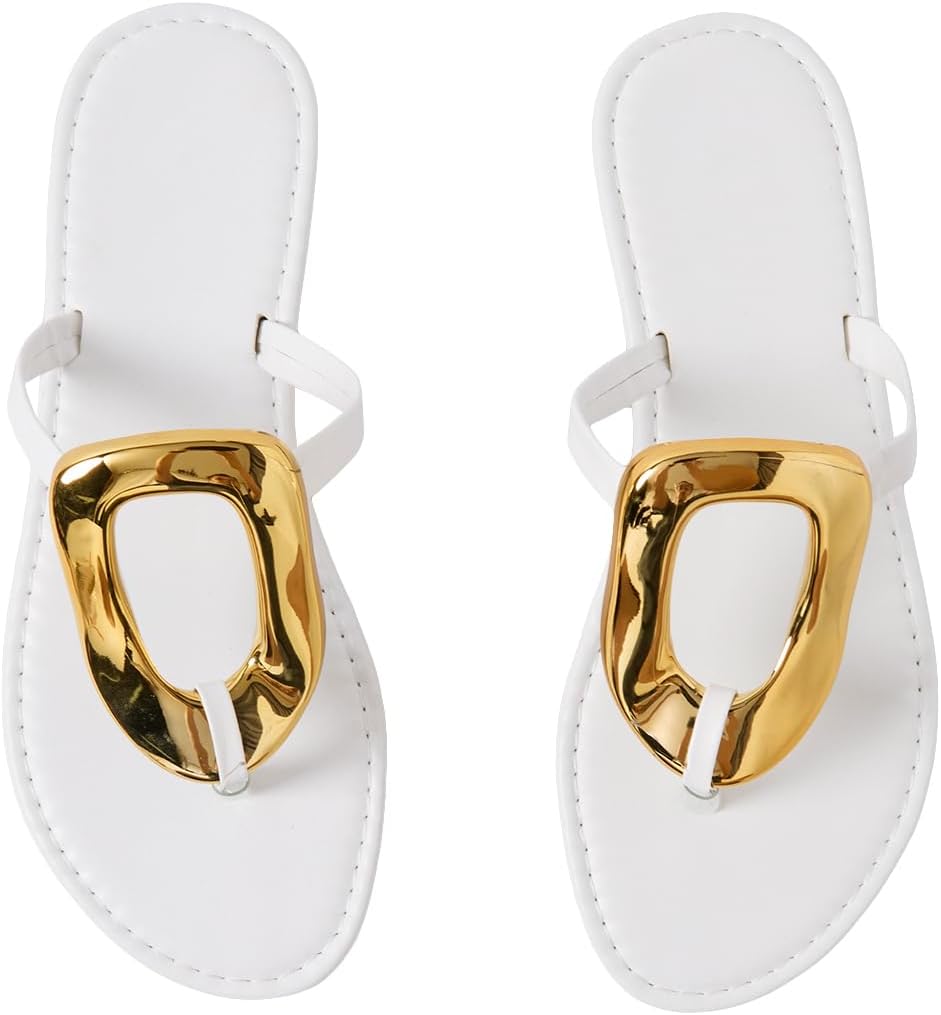 OYOANGLE Women's Metal Ring Flip Flops Metallic Open Toe Comfy Vacation Dressy Slide Sandals