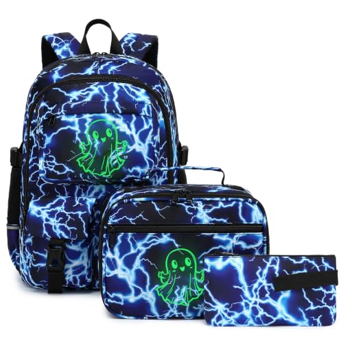 Mochila escolar Lightning para meninos, mochila escolar luminosa com lancheira, estojo de lápis, mochila infantil, Fantasma, Large