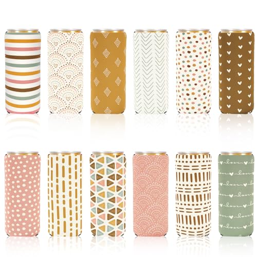 Whaline 12Pcs Slim Beer Can Sleeves 12oz Boho Can Cooler Covers Neoprene Insulated Drink Sleeves Reusable Thermocoolers for Beverage Cans Bottles Decor Party Favors
