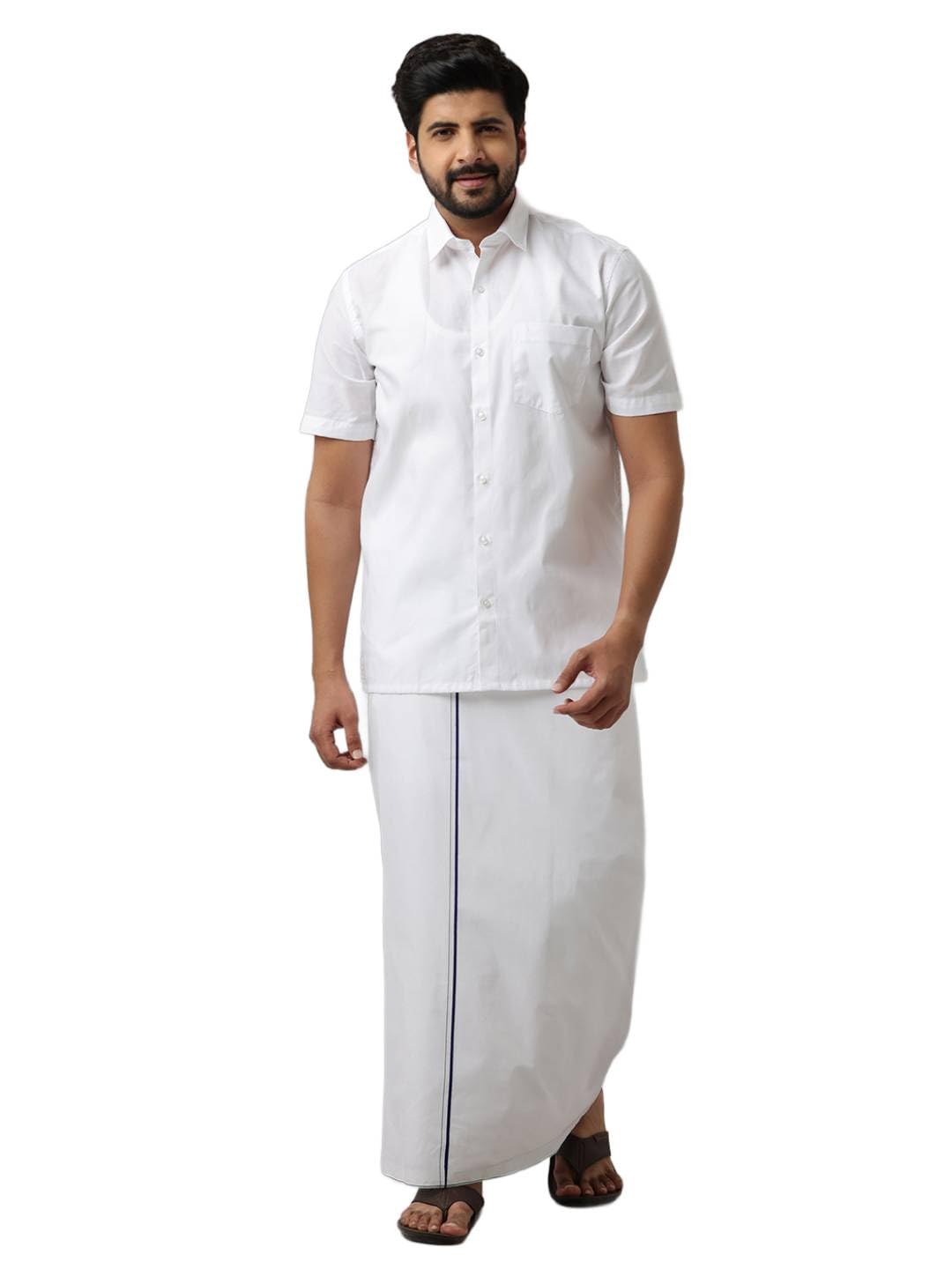 Men 100% Cotton Half Sleeves Shirt and Dhoti Set White SB-H42-image-17