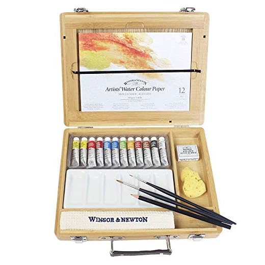 Winsor & Newton Acuarela profesional, caja bambú, 12 tubos de 5ml, colores surtidos, 1 lápiz, 1 goma, 2 pinceles, 1 bloc papel, 1 paleta de porcelana, 1 esponja, 1 toalla, para acuarelistas y pintura