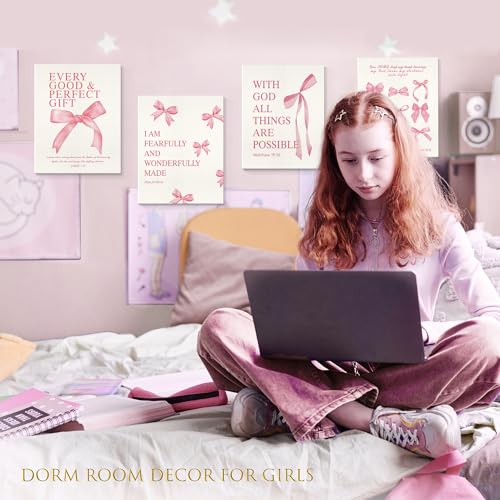 Image of LARTSFRO Coquette Pink Bow Canvas Wall Art Decor Prints Posters, Pink Bow Room Bedroom Bathroom Dorm Wall Art Decor Aesthetic for College Teen Girls Gifts, Inspirational Bible Verses Bow Wall Decor, 11x14 Inch Set of 4 Pcs Bow Pictures (Canvas Framed 11X14)