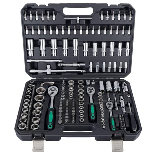 Ginour Steckschlüsselsatz 202-teilig, 1/4' 3/8' & 1/2' Ratschenkasten aus CR-V, Ratschenschlüssel set mit Bits, Sechskantschlüsseln, Verlängerungen und Adaptern, Werkzeugkoffer für Auto und Heimwerker