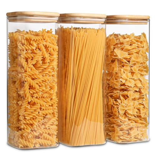 ComSaf Glass Spaghetti Pasta Storage Containers with Lids 2.2 Qt Set of 3, Tall Clear Airtight Food Storage Jar with Lid for Noodles Flour Oat Cereal Sugar Beans, Sqaure Spaghetti Pantry Containers